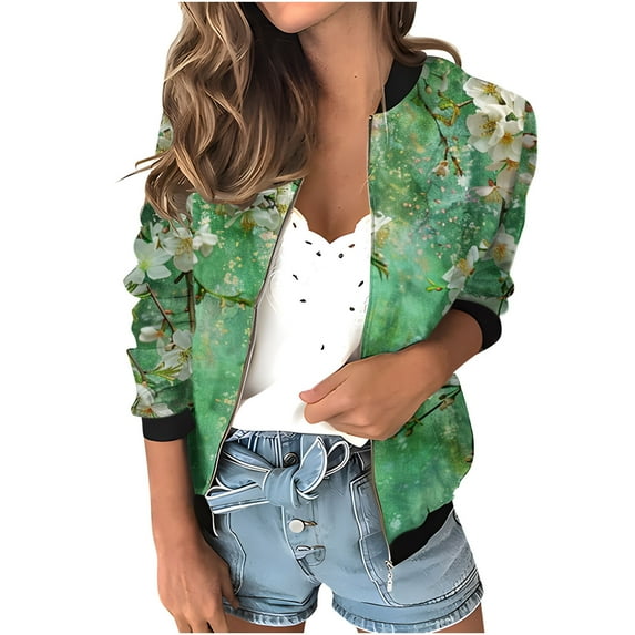 Womens Fashion Bomber Jacket Casual Floral Print Lightweight Jackets Full Zip Coats with Pocket Fall Stand Collar Short Outwear Tops (Green M)