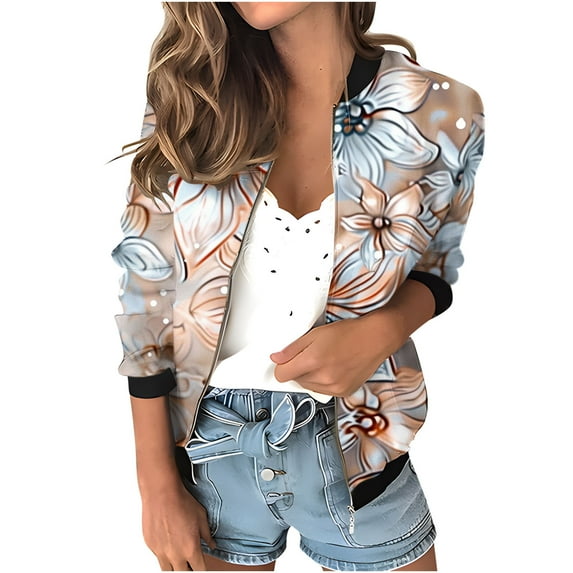Womens Fashion Bomber Jacket Casual Floral Print Lightweight Jackets Full Zip Coats with Pocket Fall Stand Collar Short Outwear Tops (Light Blue 2XL)