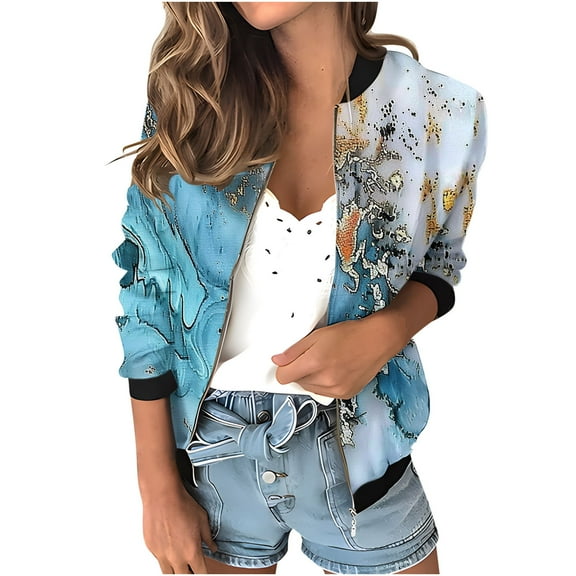 Womens Fashion Bomber Jacket Casual Floral Print Lightweight Jackets Full Zip Coats with Pocket Fall Stand Collar Short Outwear Tops (Light Blue 2XL)