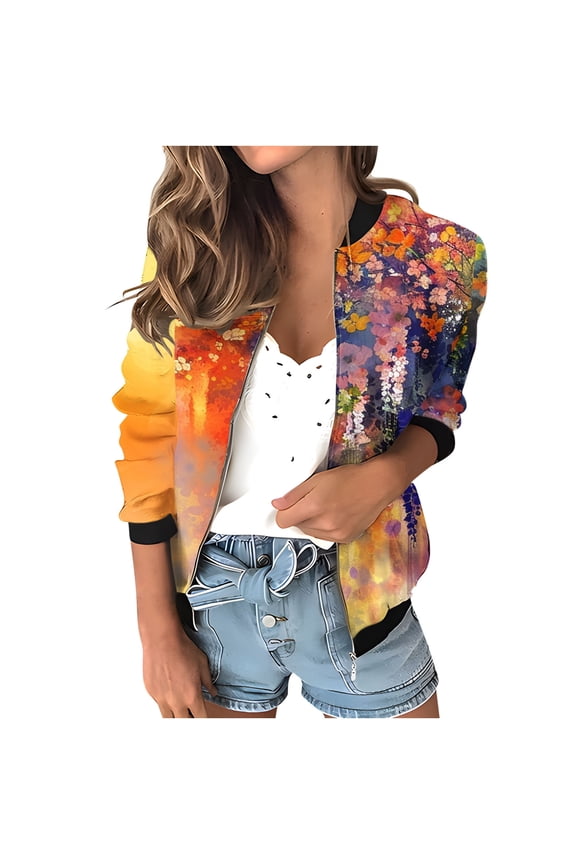 Womens Fashion Bomber Jacket Casual Floral Print Lightweight Jackets Full Zip Coats with Pocket Fall Stand Collar Short Outwear Tops (Orange S)