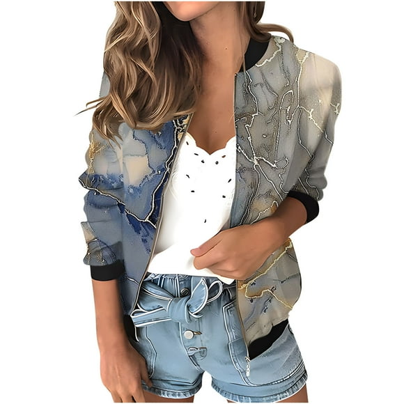 Womens Fashion Bomber Jacket Casual Floral Print Lightweight Jackets Full Zip Coats with Pocket Fall Stand Collar Short Outwear Tops (Purple S)