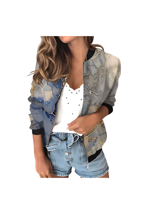 Womens Fashion Bomber Jacket Casual Floral Print Lightweight Jackets Full Zip Coats with Pocket Fall Stand Collar Short Outwear Tops (Purple XL)