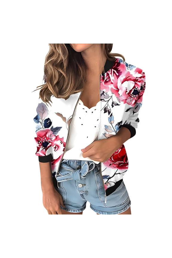 Womens Fashion Bomber Jacket Casual Floral Print Lightweight Jackets Full Zip Coats with Pocket Fall Stand Collar Short Outwear Tops (Red L)