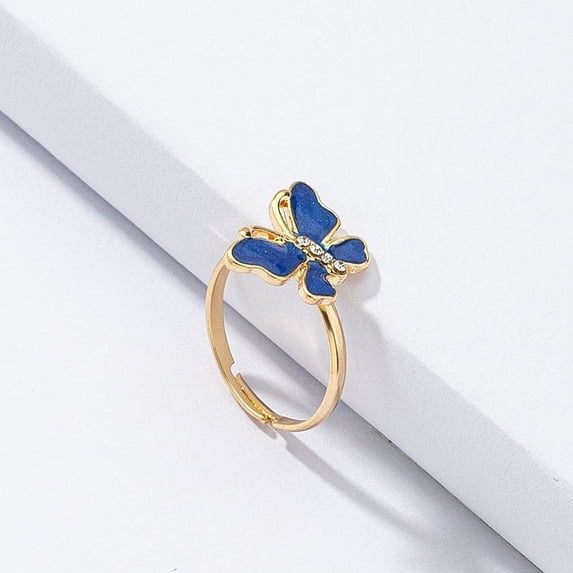 Womens Fashion Butterfly Ring: Diamond Drip Oil Alloy Ring, Adjustable One Size Fits Most