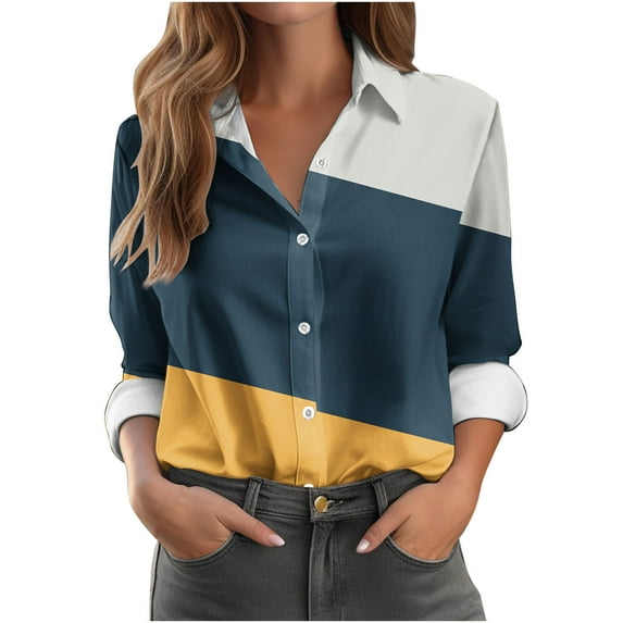 Womens Fashion Button Down Shirts Long Sleeve Dressy Casual Blouses V Neck Button Up Collared Shirts Tops Color Blocked for Women 2024