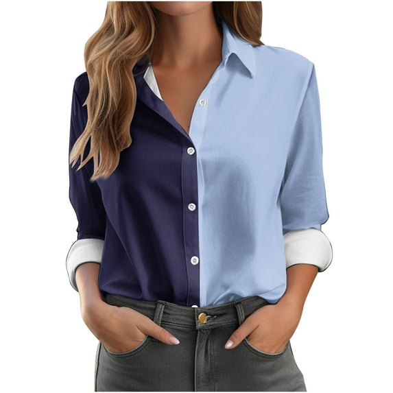 Womens Fashion Button Down Shirts Long Sleeve Dressy Casual Blouses V Neck Button Up Collared Shirts Tops Color Blocked for Women 2024
