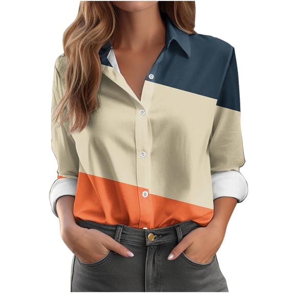 Womens Fashion Button Down Shirts Long Sleeve Dressy Casual Blouses V Neck Button Up Collared Shirts Tops Color Blocked for Women 2024