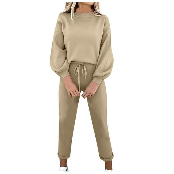 Womens Fashion Casual 2 Piece Outfits Solid Long Sleeve Crewneck Sweatshirts Drawstring Long Pants Sets Loungewear Womens Clothes