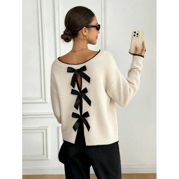 Womens Fashion Casual Big Round Neck Sweater Bow Knit Pullover Fall Winter Trendy Long Sleeve Top Comfortable Daily Wear Apricot L