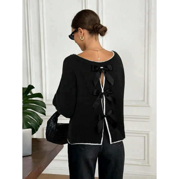 Womens Fashion Casual Big Round Neck Sweater Bow Knit Pullover Fall Winter Trendy Long Sleeve Top Comfortable Daily Wear Black L