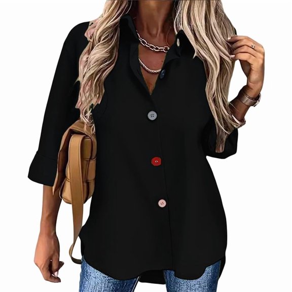 Womens Fashion Casual Button Down Shirt Long Sleeve Collar Loose Regular Blouses Fall Tops Black XXL