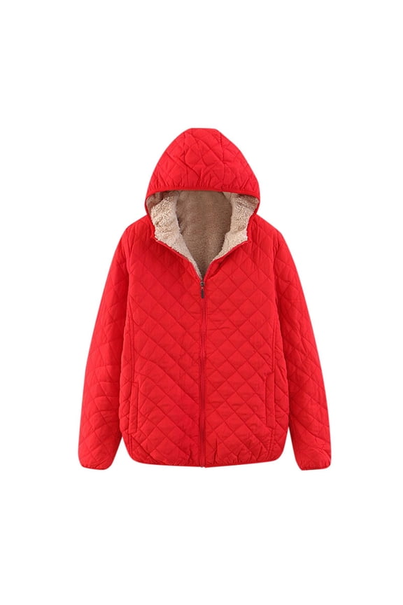 Womens Fashion Casual Check Hooded Solid Color Long Sleeve Loose Warm Coat