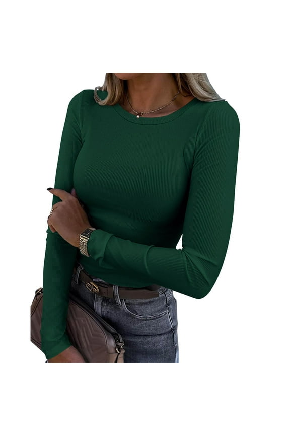Womens Fashion Casual Long Sleeve Stretch Crewneck Ribbed T Shirt Fitted Casual Basic Tops Clothes Hide Tummy Jr Fall Fashion Summer Tee Shirts for Women Shirt for Juniors Long Sleeve Rayon Tops for