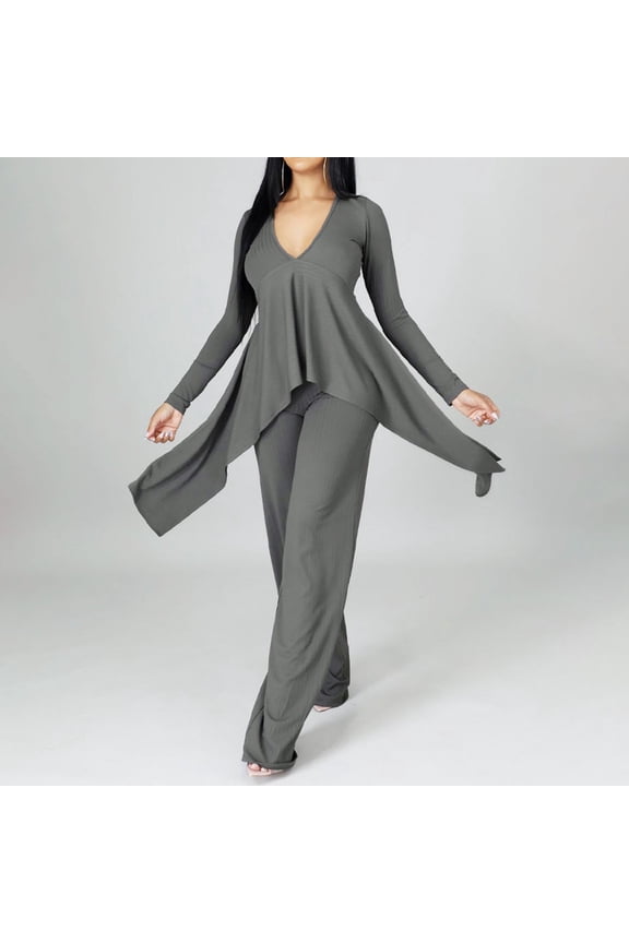 Womens Fashion Casual Long Sleeve V Neck Irregular Two Piece Set Work Suit Women Interview Outfits Women Suits Dressy Pant Suits Two Piece Leather Suit Lady Pant Suits Womens High Waist Ruffle Overlay