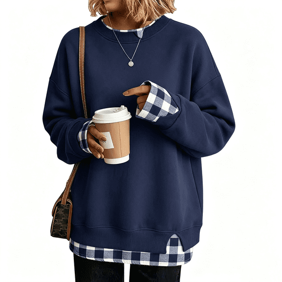 Womens Fashion Casual Loose Pullover Sweatshirt, Long Sleeve Crewneck Tunic Top with Striped Layered Hem, Two Piece Look
