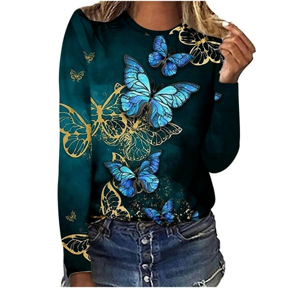 Womens Fashion Casual Round Neck Long Sleeve Print Top T-Shirt Blouse
