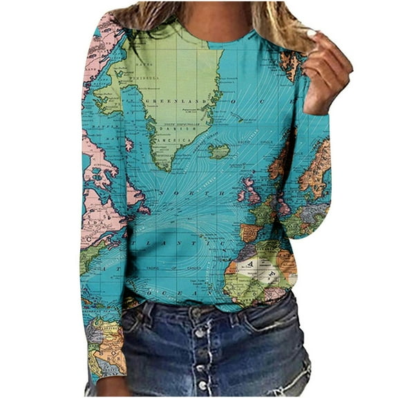 Womens Fashion Casual Round Neck Long Sleeve Print Top T-Shirt Blouse
