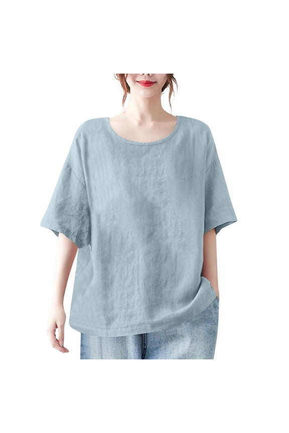 Womens Fashion Casual Solid Round Neck Ladies mid sleeve T-shirt Tops