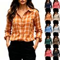 thumbnail image 1 of Womens Fashion Checkered Shirt Classic Plaid Button Down Shirts Long Sleeve Collared Loose Casual Office Blouse Tops, 1 of 3