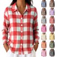 thumbnail image 1 of Womens Fashion Checkered Shirt Collared Long Sleeve Gingham Plaid Shirts Loose Fit Button Front Casual Everyday Blouse, 1 of 7