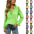 thumbnail image 1 of Womens Fashion Checkered Shirt Gingham Plaid Long Sleeve Shirts Ruffle V Neck Button Down Loose Blouse Tops with Ruffled Cuffs, 1 of 8