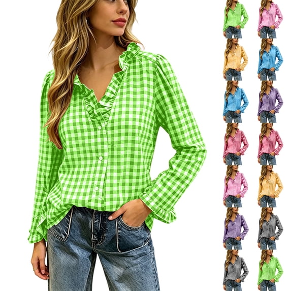 Womens Fashion Checkered Shirt Gingham Plaid Long Sleeve Shirts Ruffle V Neck Button Down Loose Blouse Tops with Ruffled Cuffs
