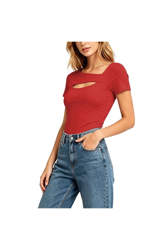 Womens Fashion Clothes One Piece Cutout Tops Long Sleeve Ribbed Slim Fitted Shirts Tee Tshirts for Spring Summer Red