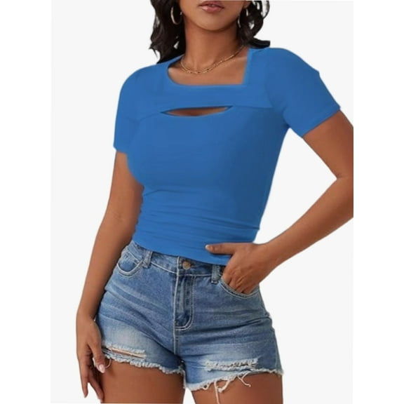 Womens Fashion Clothes One Piece Cutout Tops Short Sleeve Slim Fitted Shirts Tee Tshirts