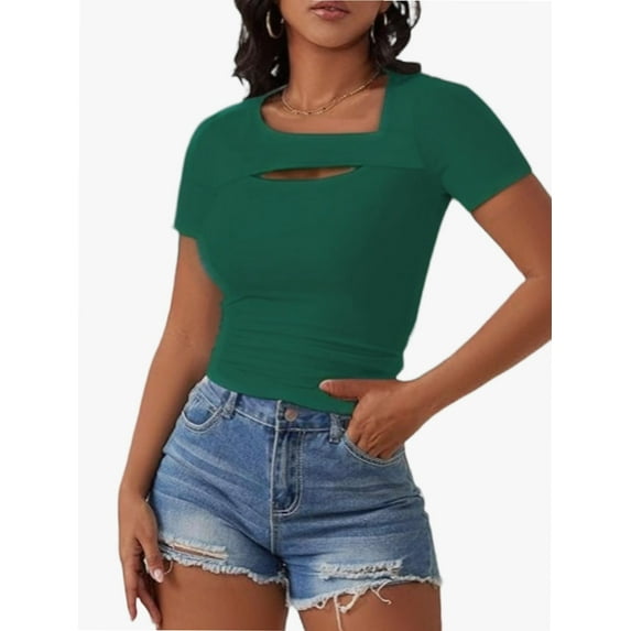 Womens Fashion Clothes One Piece Cutout Tops Short Sleeve Slim Fitted Shirts Tee Tshirts