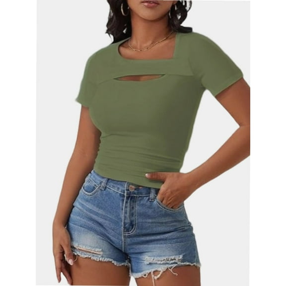 Womens Fashion Clothes One Piece Cutout Tops Short Sleeve Slim Fitted Shirts Tee Tshirts