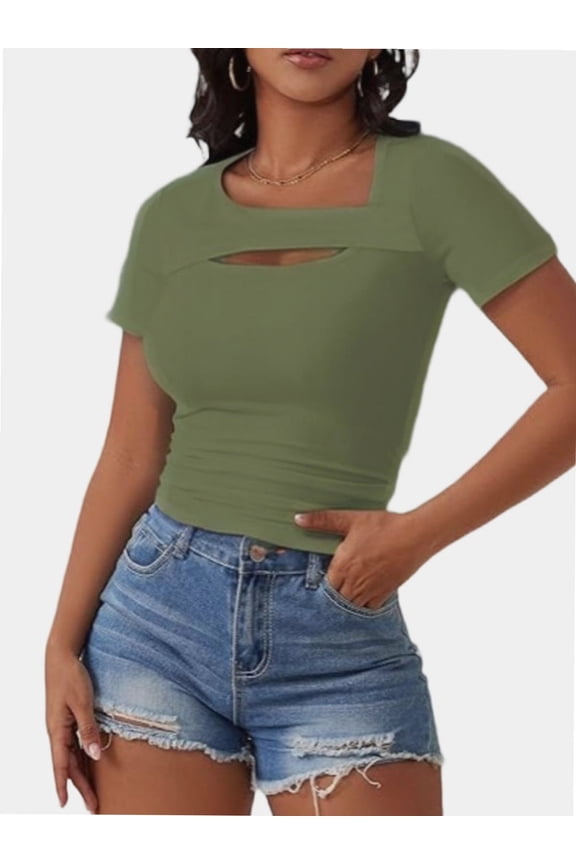 Womens Fashion Clothes One Piece Cutout Tops Short Sleeve Slim Fitted Shirts Tee Tshirts