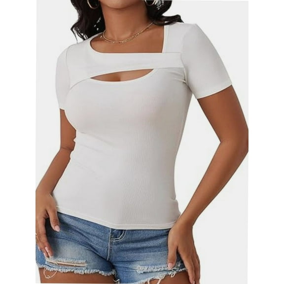 Womens Fashion Clothes One Piece Cutout Tops Short Sleeve Slim Fitted Shirts Tee Tshirts