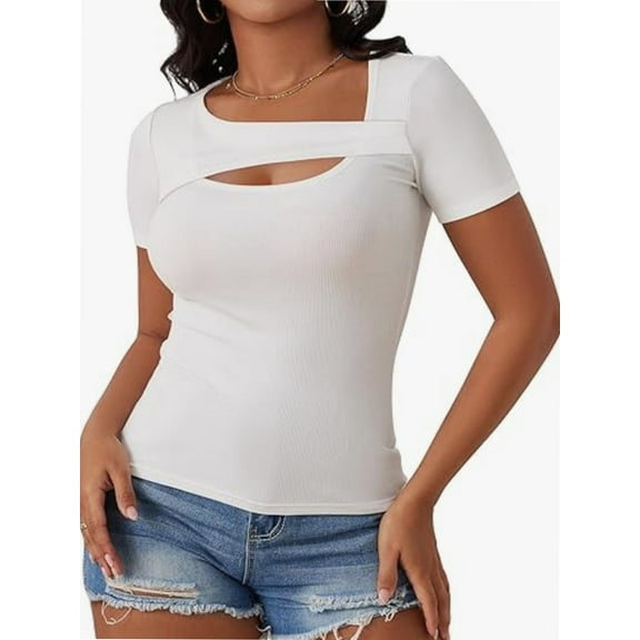 Womens Fashion Clothes One Piece Cutout Tops Short Sleeve Slim Fitted Shirts Tee Tshirts