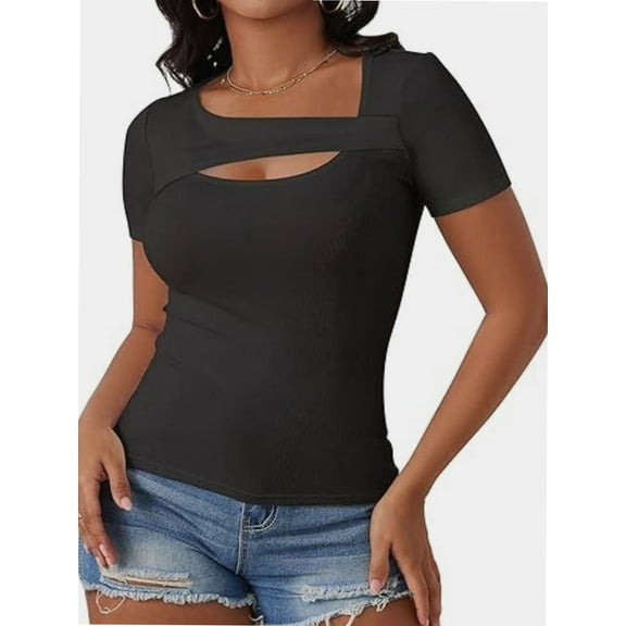 Womens Fashion Clothes One Piece Cutout Tops Short Sleeve Slim Fitted Shirts Tee Tshirts