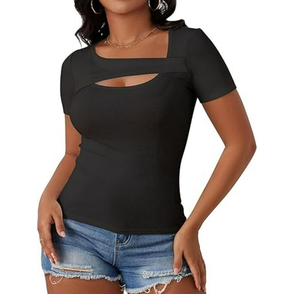 Womens Fashion Clothes One Piece Cutout Tops Short Sleeve Slim Fitted Shirts Tee Tshirts