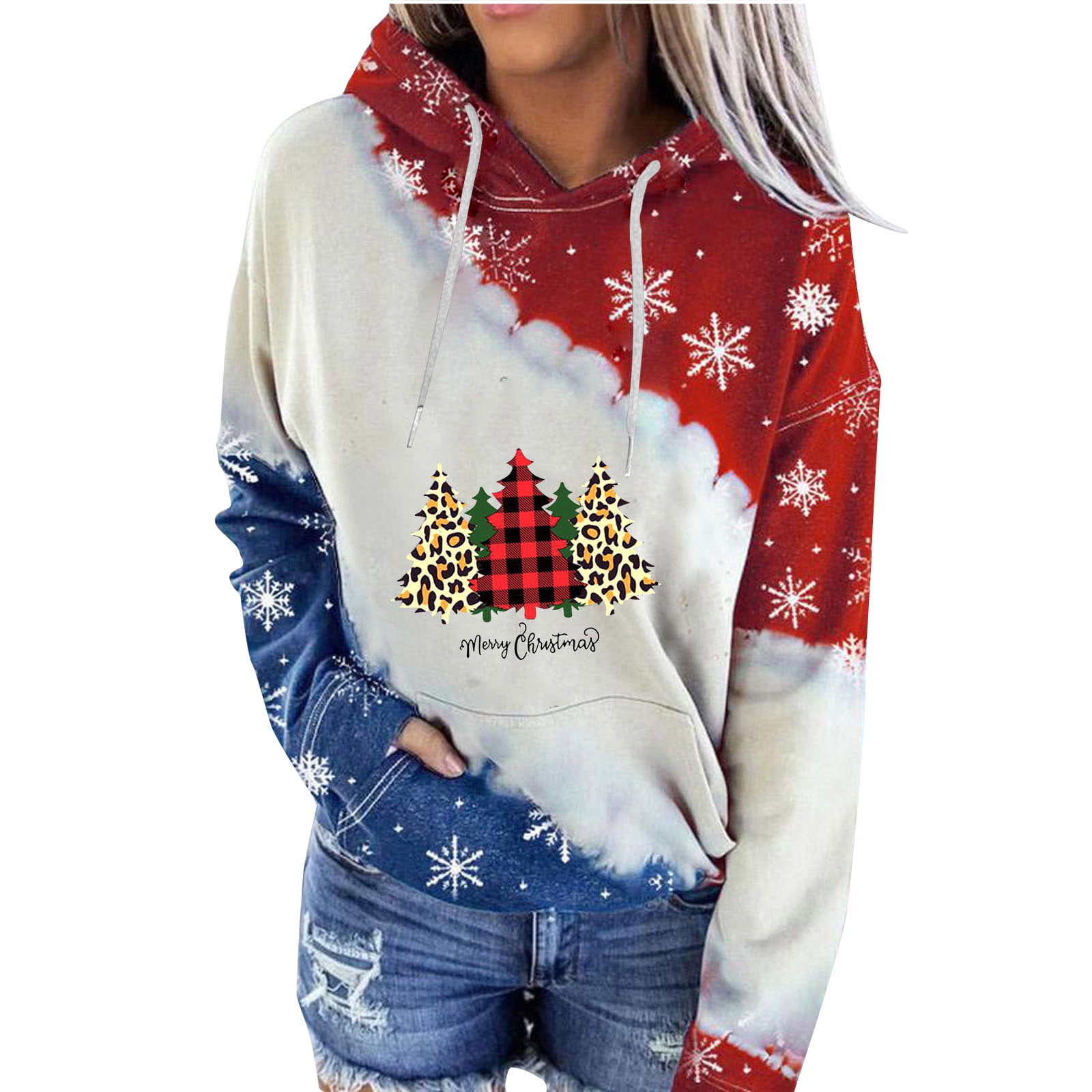 Womens Fashion Color Block Hoodies Christmas Tree Plaid Leopard Print  Sweatshirt New Year Holiday Casual Jumper - Walmart.com