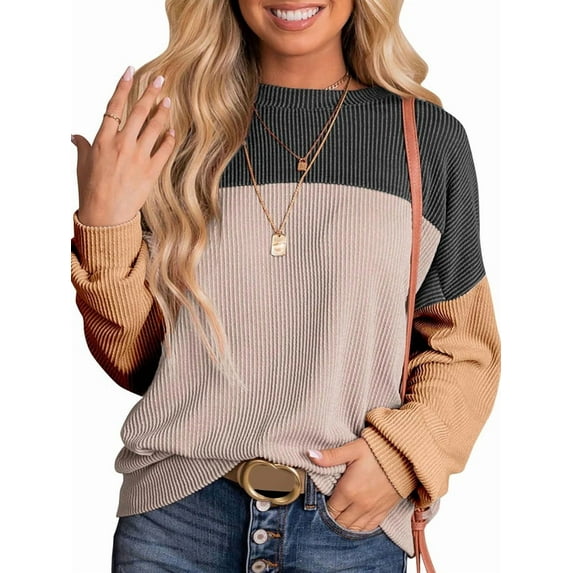 Womens Fashion Color Block Long Sleeve Crewneck Knitted Casual Loose Pullover Shirts Tops Black XL