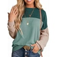 thumbnail image 1 of Womens Fashion Color Block Long Sleeve Crewneck Knitted Casual Loose Pullover Shirts Tops Green L, 1 of 4