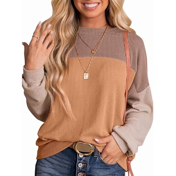 Womens Fashion Color Block Long Sleeve Crewneck Knitted Casual Loose Pullover Shirts Tops Khaki XL