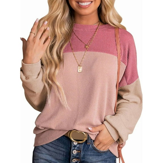 Womens Fashion Color Block Long Sleeve Crewneck Knitted Casual Loose Pullover Shirts Tops Pink L