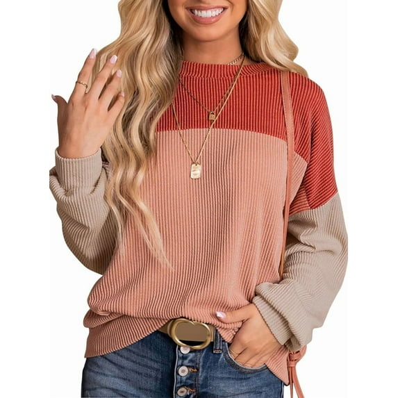 Womens Fashion Color Block Long Sleeve Crewneck Knitted Casual Loose Pullover Shirts Tops Red L