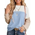 thumbnail image 1 of Womens Fashion Color Block Long Sleeve Crewneck Knitted Casual Loose Pullover Shirts Tops White & Blue S, 1 of 4