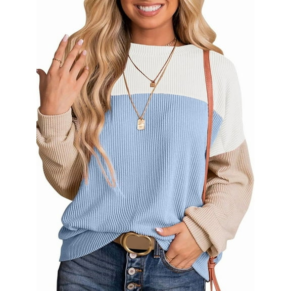 Womens Fashion Color Block Long Sleeve Crewneck Knitted Casual Loose Pullover Shirts Tops White & Blue XL