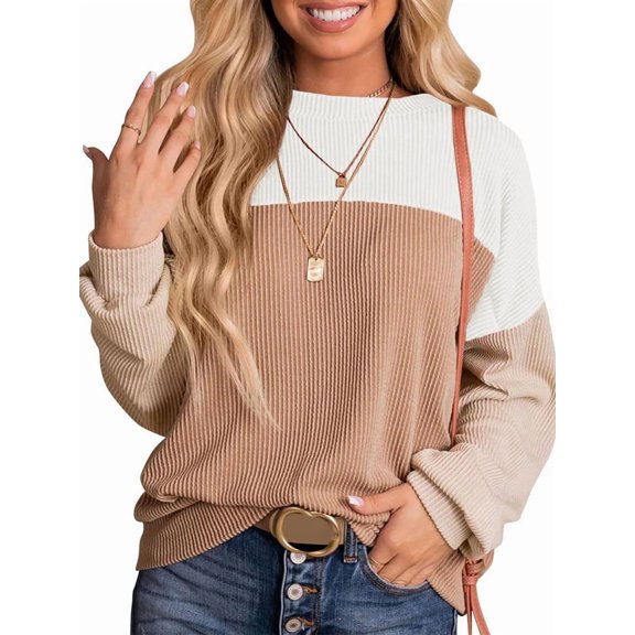 Womens Fashion Color Block Long Sleeve Crewneck Knitted Casual Loose Pullover Shirts Tops White & Khaki S