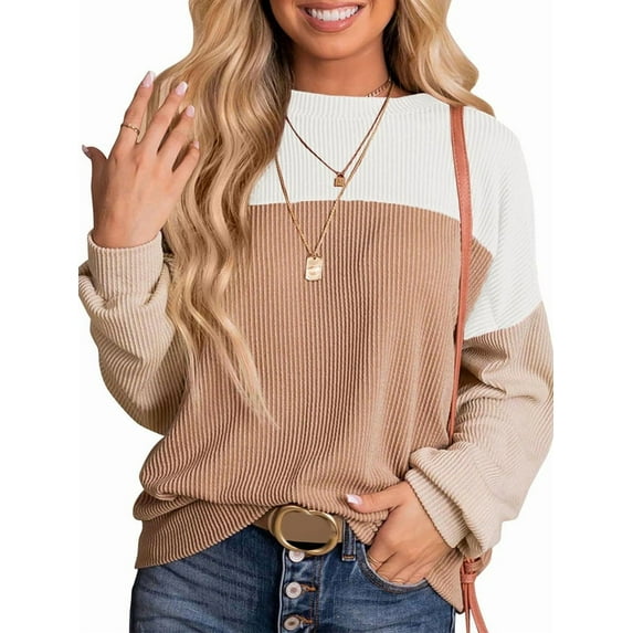 Womens Fashion Color Block Long Sleeve Crewneck Knitted Casual Loose Pullover Shirts Tops White & Khaki XL