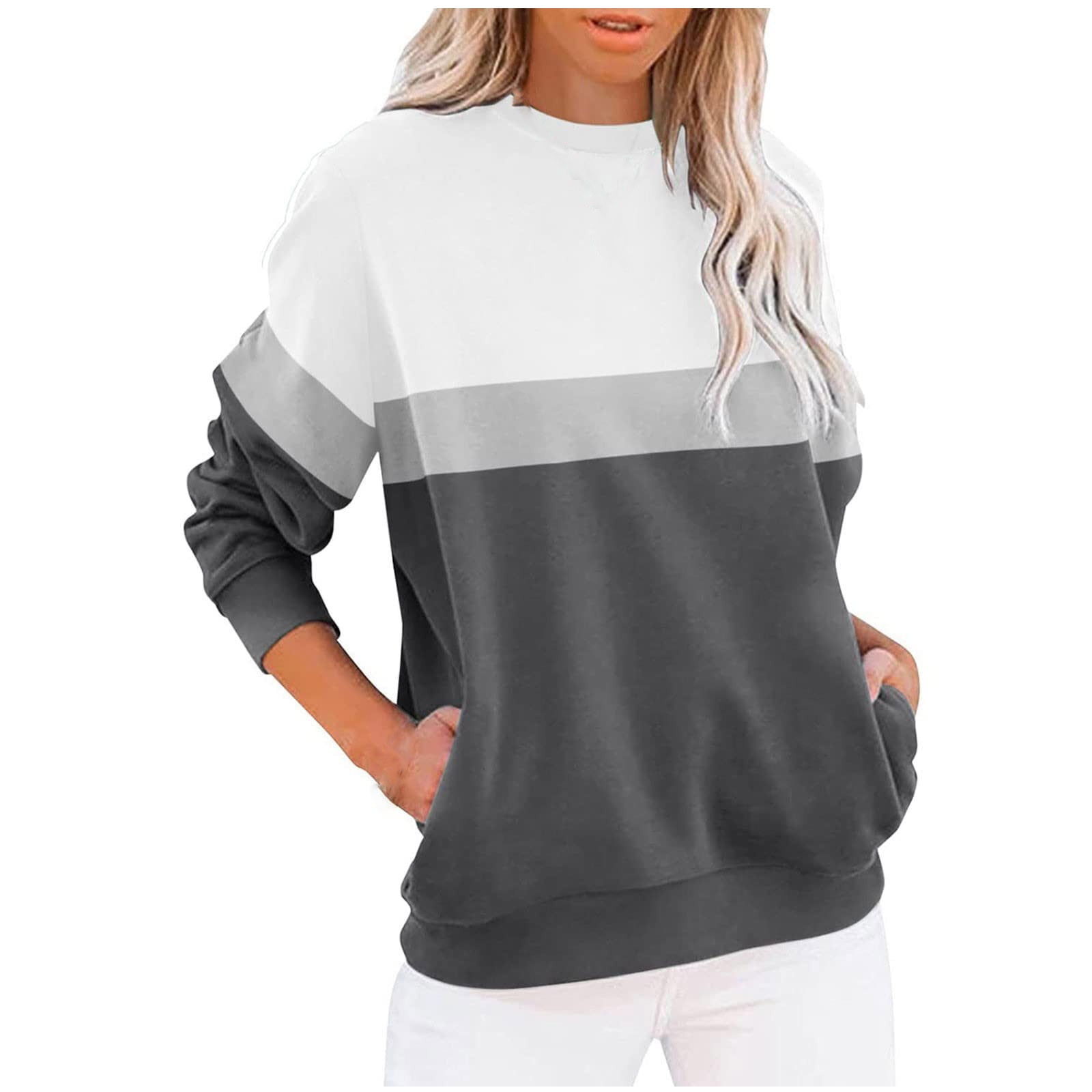 Crewneck Sweatshirt Women Fall,Womens Fall Winter Clothes Long Sleeve Color  Block Sweatshirts with Pockets Oversized Crewneck Lightweight