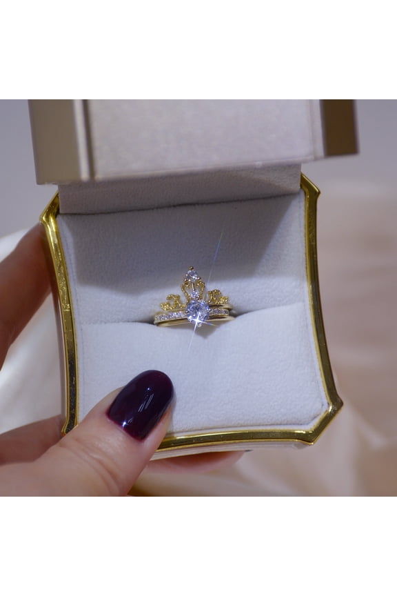 Womens Fashion Copper Zircon Ring Set Micro Inlaid Adjustable Crown Style Korean Couple Jewelry Elegant Allure