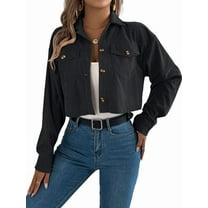 Womens Fashion Cropped Shackets Corduroy Button Down Crop Jackets Tops Long Sleeve Shirts Trendy 2025 Black S