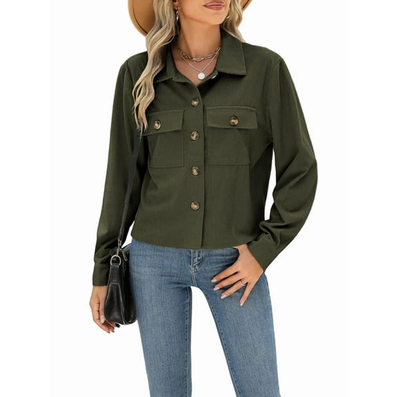 Womens Fashion Cropped Shackets Corduroy Button Down Crop Jackets Tops Long Sleeve Shirts Trendy 2025 Green S