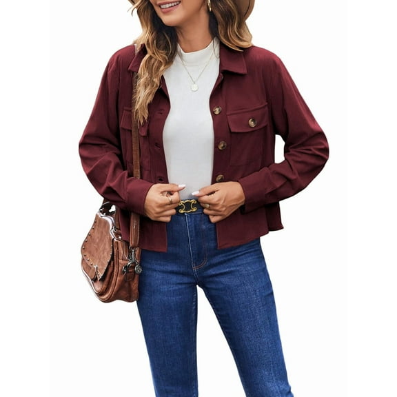 Womens Fashion Cropped Shackets Corduroy Button Down Crop Jackets Tops Long Sleeve Shirts Trendy 2025 Wine Red XXL